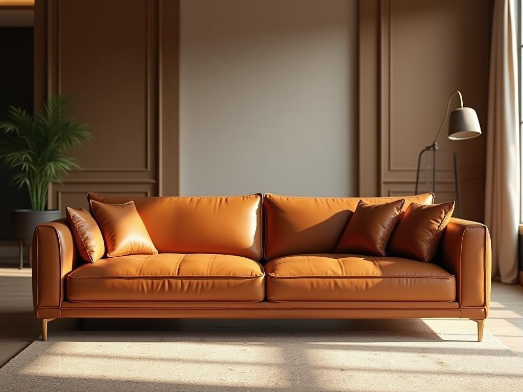 Elegante soggiorno con divano in pelle color cognac